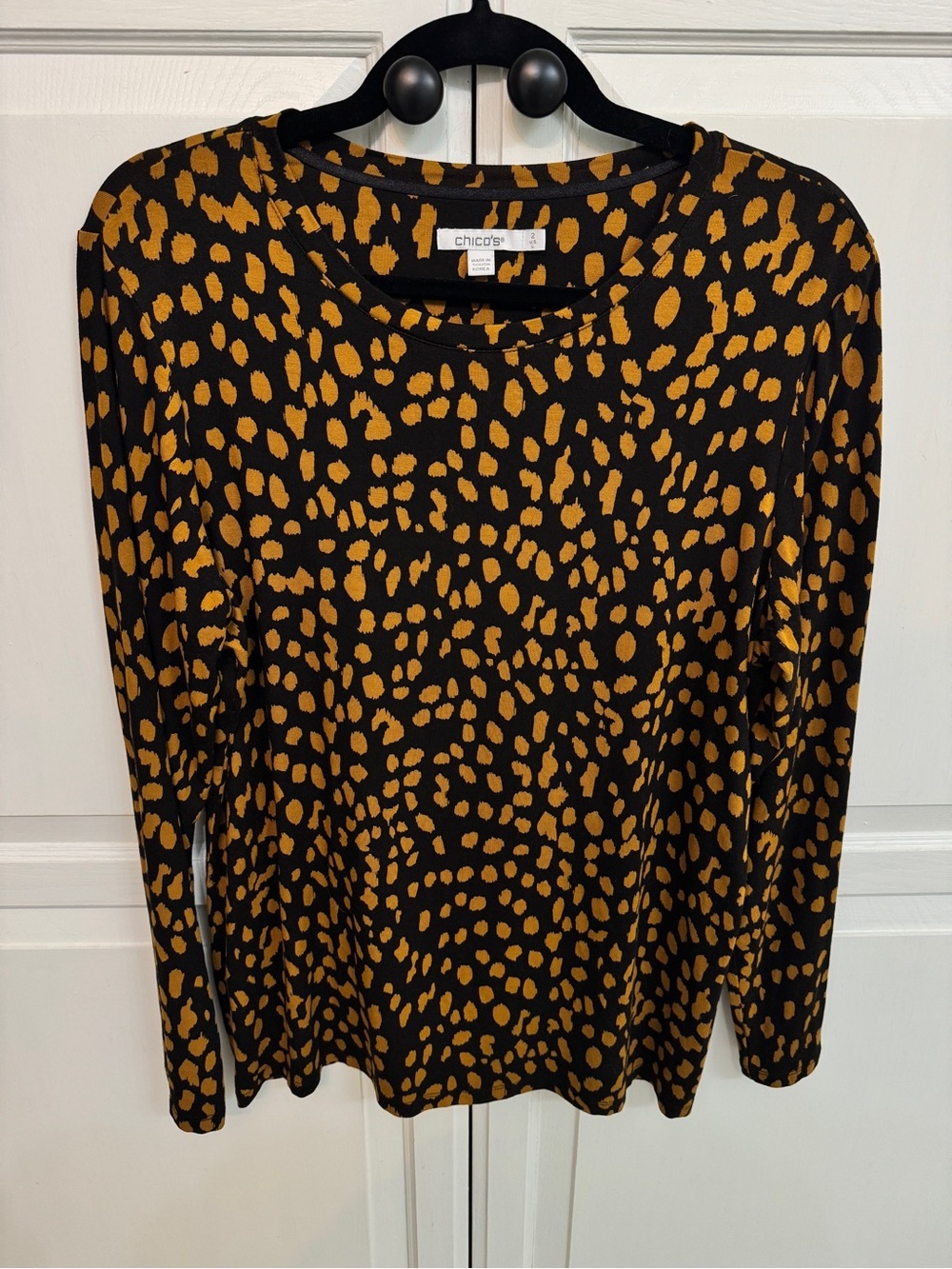 Chico's Black Long Sleeve Top with Cheetah Spot Print. Layering size L